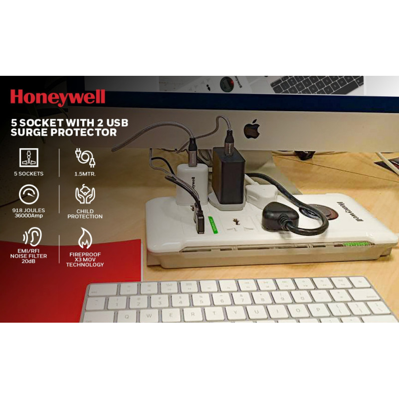 HONEYWELL 5 Way International Socket with Surge Protector and Master Switch + 2 USB