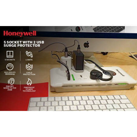 HONEYWELL 5 Way International Socket with Surge Protector and Master Switch + 2 USB