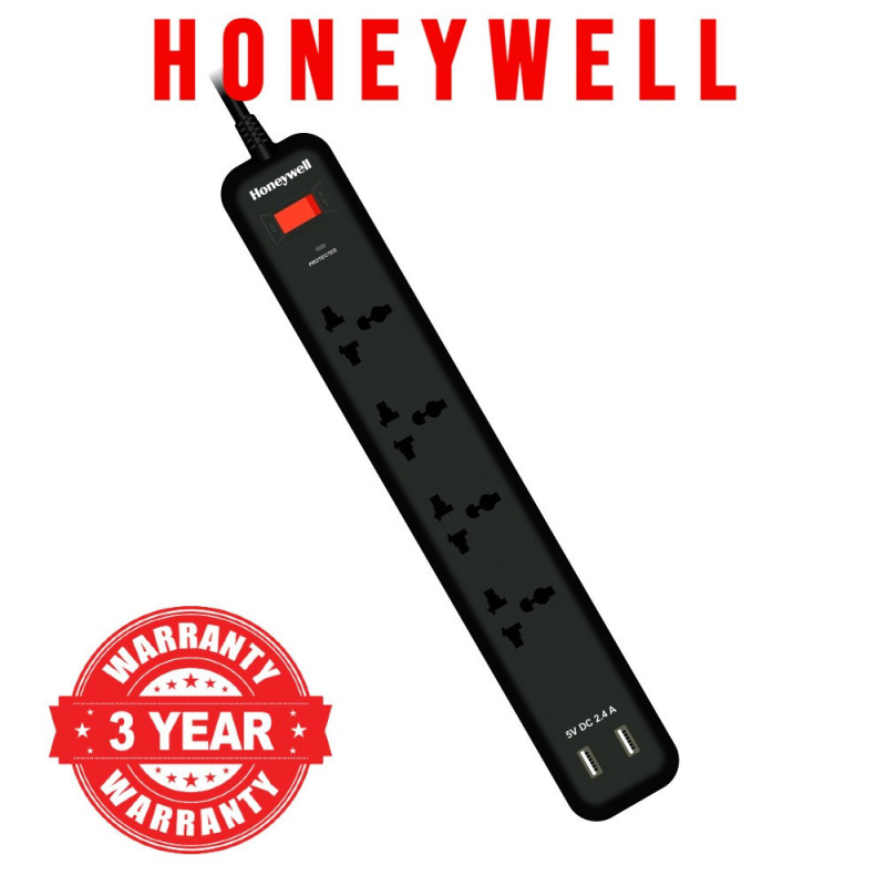 HONEYWELL 4 Way International Socket with Surge Protector and Master Switch + 2 USB