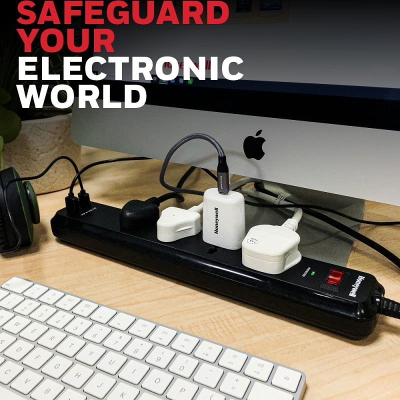 HONEYWELL 4 Way International Socket with Surge Protector and Master Switch + 2 USB
