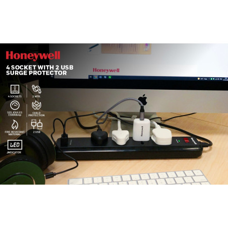 HONEYWELL 4 Way International Socket with Surge Protector and Master Switch + 2 USB