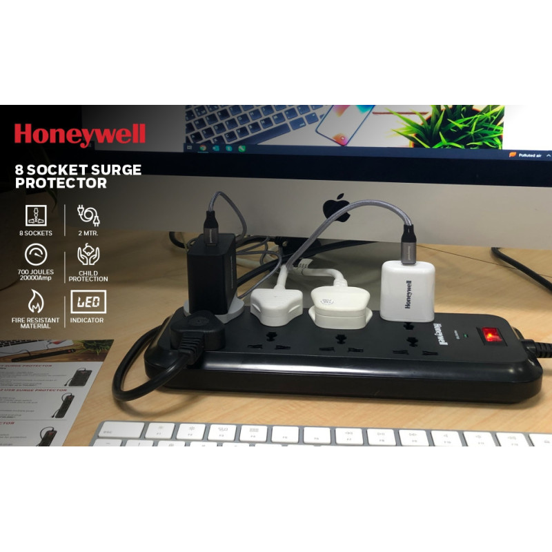 HONEYWELL 8 Way International Socket with Surge Protector and Master Switch